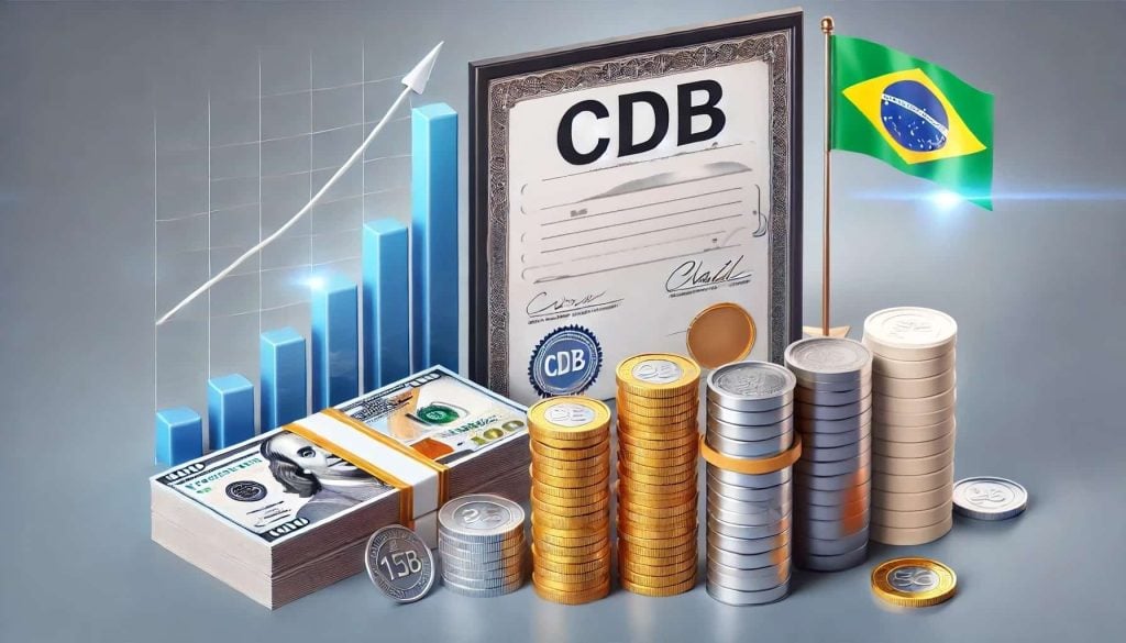 Ilustração representando investimento em CDBs no Brasil, com cédulas de reais, moedas e gráfico de crescimento.